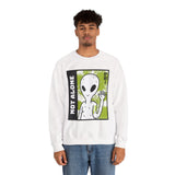 Unisex Not Alone Alien Crewneck Sweatshirt UFO Cartoon Graphic Pullover Extraterrestrial Sci Fi Space Themed Conspiracy Inspired Paranormal Streetwear