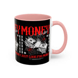 Money Ambition Accent Coffee Mug 11oz 15oz Black Ceramic Cup with Bold Red Typography and Cash Stack Design for Entrepreneurs and Hustlers