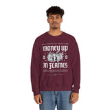 Money Up In Flames Unisex Heavy Blend Crewneck Sweatshirt Graphic Pullover Black Hustler Fire Money Design Bold Streetwear Entrepreneur Alpha Mindset Wealth Fashion