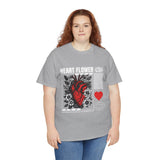 Heart Flower Graphic Unisex Heavy Cotton Tee Comfortable Streetwear T Shirt Bold Red and Black Floral Heart Design Symbol of Love Strength and Vitality Perfect Gift for Friends Birthdays and Casual Everyday Wear