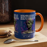 Historical Accent Coffee Mug 11oz 15oz Black Ceramic Cup with Greek Goddess Statue and Purple Floral Design for Art and History Lovers