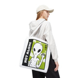 Not Alone Alien Tote Bag Sci Fi Extraterrestrial UFO Design Canvas Bag Space Lover Reusable Eco Friendly Durable Shopping Travel Lifestyle Tote