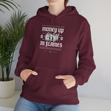Money Up In Flames Unisex Heavy Blend Hooded Sweatshirt Graphic Hoodie Black Bold Hustle Fire Money Design Streetwear Entrepreneur Alpha Mindset Wealth Fashion
