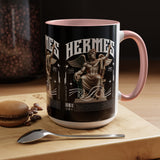 Hermes Accent Coffee Mug 11oz 15oz Black Ceramic Mythology Cup with Greek God Winged Statue Design for History Lovers and Art Enthusiasts