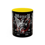 Money Bright Accent Coffee Mug 11oz 15oz Black Ceramic Gothic Angel Statue Design with Red Neon Artwork for Hustlers and Bold Thinkers