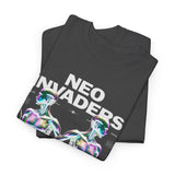 Neo Invaders Futuristic Holographic Graphic Unisex Heavy Cotton Tee Bold Sci Fi Cyberpunk Streetwear Statement T Shirt