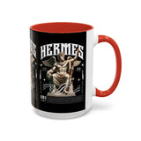 Hermes Accent Coffee Mug 11oz 15oz Black Ceramic Mythology Cup with Greek God Winged Statue Design for History Lovers and Art Enthusiasts
