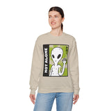 Unisex Not Alone Alien Crewneck Sweatshirt UFO Cartoon Graphic Pullover Extraterrestrial Sci Fi Space Themed Conspiracy Inspired Paranormal Streetwear