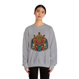 Mythical Tribal Mask Unisex Crewneck Sweatshirt Heavy Blend Pullover Cultural Warrior Spirit Inspired Festival Graphic Art Streetwear Top