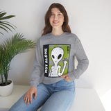 Unisex Not Alone Alien Crewneck Sweatshirt UFO Cartoon Graphic Pullover Extraterrestrial Sci Fi Space Themed Conspiracy Inspired Paranormal Streetwear