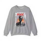 Mystic Mask Flames Graphic Unisex Heavy Blend Crewneck Sweatshirt Hustler Streetwear Motivational Dark Mystery Bold Fire Design