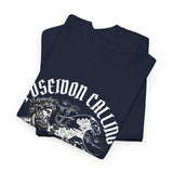 Poseidon Calling Surfing Ocean Waves Graphic Unisex Heavy Cotton Tee Greek God Poseidon Inspired Surf Streetwear T Shirt