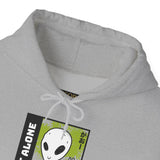 Not Alone Alien Unisex Hoodie UFO Graphic Pullover Sweatshirt Cartoon Extraterrestrial Sci Fi Space Themed Conspiracy Inspired Paranormal Streetwear