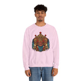 Mythical Tribal Mask Unisex Crewneck Sweatshirt Heavy Blend Pullover Cultural Warrior Spirit Inspired Festival Graphic Art Streetwear Top