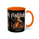 Fighter Accent Coffee Mug 11oz 15oz Black Ceramic Cup with Greek Warrior Statue and Flames Design for Hustlers and Motivated Minds