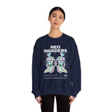 Neo Invaders Futuristic Holographic Graphic Unisex Heavy Blend Crewneck Sweatshirt Sci Fi Cyberpunk Streetwear Bold Statement Pullover