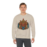 Unisex Mythical Tribal Mask Crewneck Sweatshirt Heavy Blend Pullover Cultural Warrior Spirit Inspired Festival Graphic Art Streetwear Top