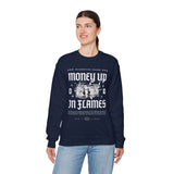 Money Up In Flames Unisex Heavy Blend Crewneck Sweatshirt Graphic Pullover Black Hustler Fire Money Design Bold Streetwear Entrepreneur Alpha Mindset Wealth Fashion