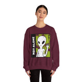 Not Alone Alien Unisex Crewneck Sweatshirt UFO Cartoon Graphic Pullover Extraterrestrial Sci Fi Space Themed Conspiracy Inspired Paranormal Streetwear