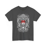Mystic Warrior Goddess Unisex Heavy Cotton Tee Bold Monochrome Tribal Design Powerful Feminine Energy Streetwear Graphic T-Shirt for Art Lovers Festivals and Everyday Wear
