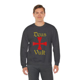 Unisex Deus Vult Crewneck Sweatshirt Medieval Crusader Cross Heavy Blend Fleece Pullover Warrior Knight Inspired Vintage Christian Symbol Streetwear