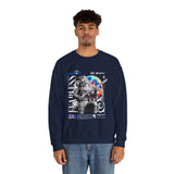 Fearless Memory Unisex Heavy Blend Crewneck Sweatshirt Graphic Pullover Black Astronaut Space Warrior Futuristic Sci Fi Bold Streetwear Artistic Fashion Outfit