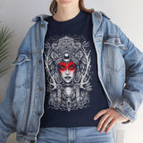 Mystic Warrior Goddess Unisex Heavy Cotton Tee Bold Monochrome Tribal Design Powerful Feminine Energy Streetwear Graphic T-Shirt for Art Lovers Festivals and Everyday Wear