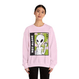 Unisex Not Alone Alien Crewneck Sweatshirt UFO Cartoon Graphic Pullover Extraterrestrial Sci Fi Space Themed Conspiracy Inspired Paranormal Streetwear