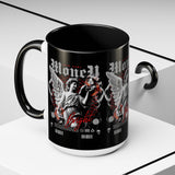 Money Bright Angel Accent Coffee Mug 11oz 15oz Gothic Statue Black Ceramic Cup with Red Flames and Cash Design for Hustlers