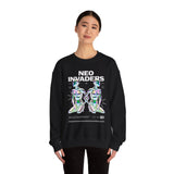 Neo Invaders Futuristic Holographic Graphic Unisex Heavy Blend Crewneck Sweatshirt Sci Fi Cyberpunk Streetwear Bold Statement Pullover
