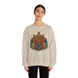 Unisex Mythical Tribal Mask Crewneck Sweatshirt Heavy Blend Pullover Cultural Warrior Spirit Inspired Festival Graphic Art Streetwear Top