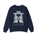 Neo Invaders Futuristic Holographic Graphic Unisex Heavy Blend Crewneck Sweatshirt Sci Fi Cyberpunk Streetwear Bold Statement Pullover