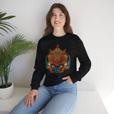 Unisex Mythical Tribal Mask Crewneck Sweatshirt Heavy Blend Pullover Cultural Warrior Spirit Inspired Festival Graphic Art Streetwear Top