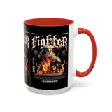 Fighter Accent Coffee Mug 11oz 15oz Black Ceramic Cup with Greek Warrior Statue and Flames Design for Hustlers and Motivated Minds