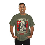 Haunted Warrior Unisex Heavy Cotton Tee Graphic Black T Shirt Bold Red Samurai Ninja Inspired Futuristic Streetwear Artistic Fashion Outfit