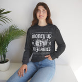 Money Up In Flames Unisex Heavy Blend Crewneck Sweatshirt Graphic Pullover Black Hustler Fire Money Design Bold Streetwear Entrepreneur Alpha Mindset Wealth Fashion
