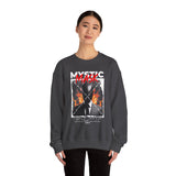 Mystic Mask Flames Graphic Unisex Heavy Blend Crewneck Sweatshirt Hustler Streetwear Motivational Dark Mystery Bold Fire Design