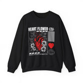 Heart Flower Graphic Unisex Heavy Blend Crewneck Sweatshirt Comfortable Streetwear Pullover Bold Red and Black Floral Heart Design Symbol of Love Strength and Vitality Perfect Gift for Friends Birthdays Cozy Days and Everyday Wear
