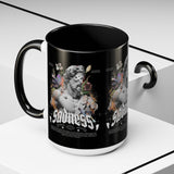 Sadness Statue Accent Coffee Mug 11oz 15oz Two Tone Ceramic Gothic Art Cup with Butterfly and Flame Design