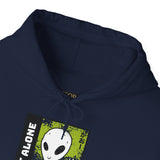 Not Alone Alien Unisex Hoodie UFO Graphic Pullover Sweatshirt Cartoon Extraterrestrial Sci Fi Space Themed Conspiracy Inspired Paranormal Streetwear