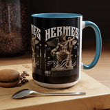 Hermes Accent Coffee Mug 11oz 15oz Black Ceramic Mythology Cup with Greek God Winged Statue Design for History Lovers and Art Enthusiasts
