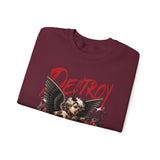 Unisex Heavy Blend Crewneck Sweatshirt Betrayed Angel Destroy Graphic Pullover Black Gothic Streetwear Fire Print Bold Motivational Urban Fashion Outfit