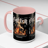 Fighter Accent Coffee Mug 11oz 15oz Black Ceramic Cup with Greek Warrior Statue and Flames Design for Hustlers and Motivated Minds