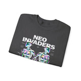 Neo Invaders Futuristic Holographic Graphic Unisex Heavy Blend Crewneck Sweatshirt Sci Fi Cyberpunk Streetwear Bold Statement Pullover