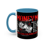 Money Ambition Accent Coffee Mug 11oz 15oz Black Ceramic Cup with Bold Red Typography and Cash Stack Design for Entrepreneurs and Hustlers