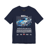 Nissan Skyline GT R R34 Inspired Illustrated JDM Racing Car Graphic T Shirt Iconic Japanese Performance Street Racing Culture Automotive Streetwear Gift For Car Enthusiasts