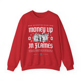 Money Up In Flames Unisex Heavy Blend Crewneck Sweatshirt Graphic Pullover Black Hustler Fire Money Design Bold Streetwear Entrepreneur Alpha Mindset Wealth Fashion