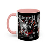 Money Bright Angel Accent Coffee Mug 11oz 15oz Gothic Statue Black Ceramic Cup with Red Flames and Cash Design for Hustlers