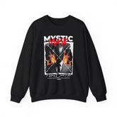 Mystic Mask Flames Graphic Unisex Heavy Blend Crewneck Sweatshirt Hustler Streetwear Motivational Dark Mystery Bold Fire Design