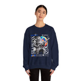 Fearless Memory Unisex Heavy Blend Crewneck Sweatshirt Graphic Pullover Black Astronaut Space Warrior Futuristic Sci Fi Bold Streetwear Artistic Fashion Outfit